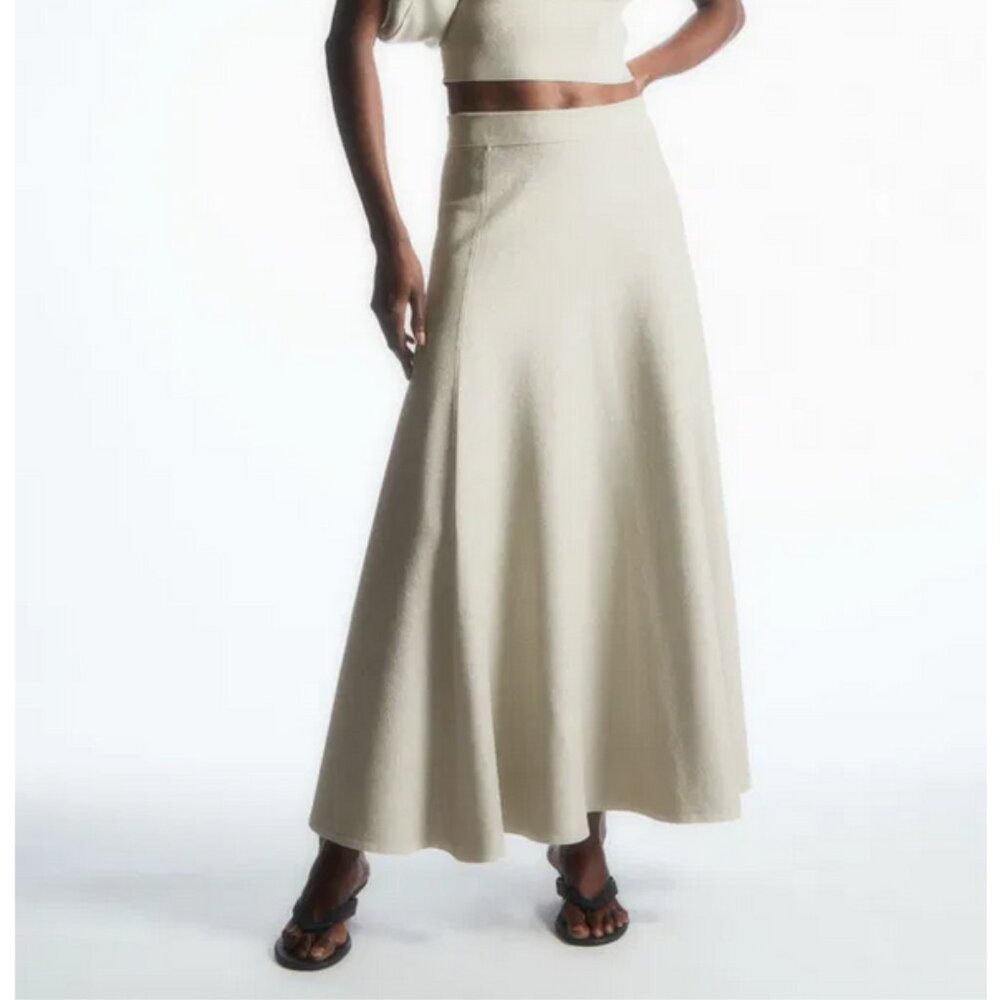 COS Asymmetric Flared Knit Maxi Skirt Beige Glitter Stretch NWT Size XS